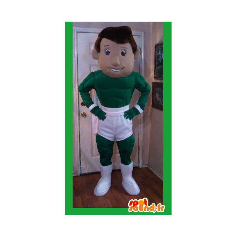 白いショートパンツの緑のスーパーヒーローのマスコット-スーパーヒーローの衣装-MASFR002597-スーパーヒーローのマスコット