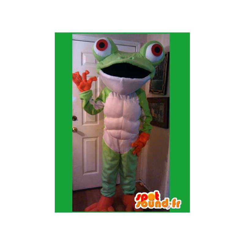 Mascotte grenouille verte et orange aux grands yeux  - MASFR002601 - Mascottes Grenouille