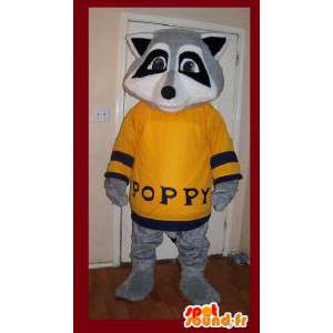 Maskot grå vaskebjørn i gul genser - Raccoon Suit - MASFR002645 - Maskoter av valper