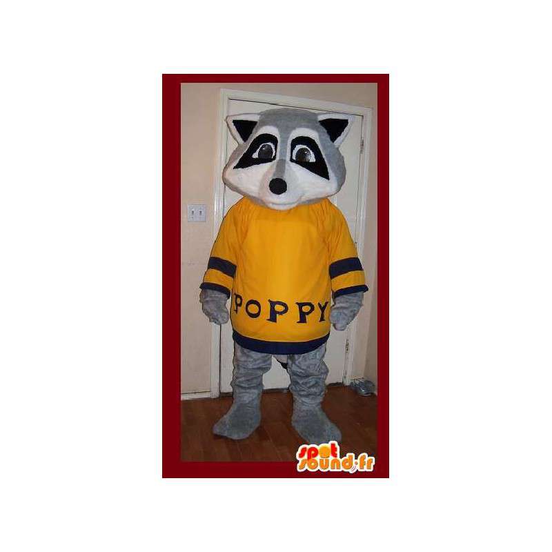 Maskot grå vaskebjørn i gul genser - Raccoon Suit - MASFR002645 - Maskoter av valper