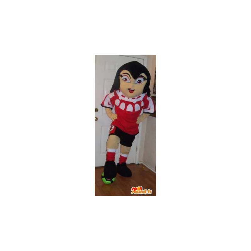 赤いジャージを着たサッカー選手のマスコット-女性のサッカーコスチューム-MASFR002671-スポーツマスコット