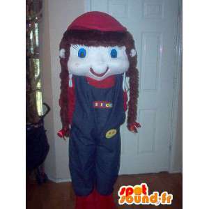 Mascot meisje in blauwe overalls met vlechten - MASFR002673 - Mascottes Boys and Girls