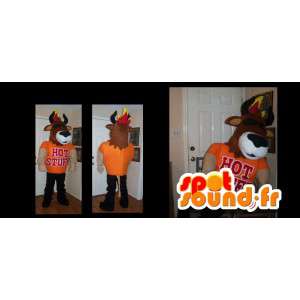Mascota de Bull vestida de naranja con las llamas en la cabeza de - MASFR002678 - Mascota de toro