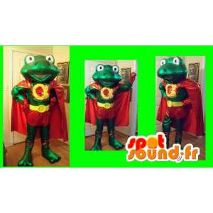 Super green frog mascot and his red coat and yellow - MASFR002691 - Mascots frog