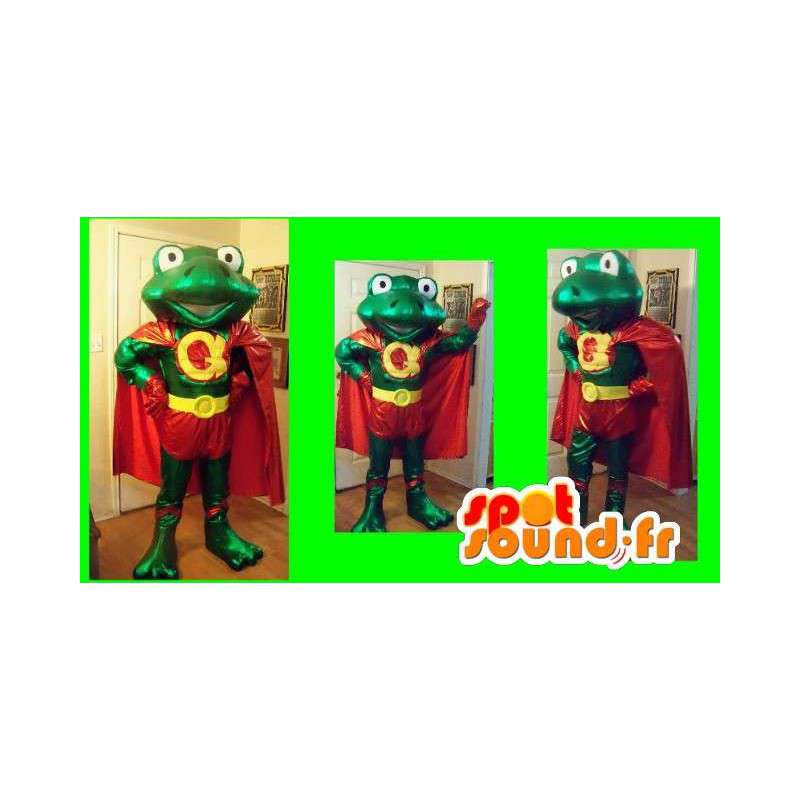 Super green frog mascot and his red coat and yellow - MASFR002691 - Mascots frog