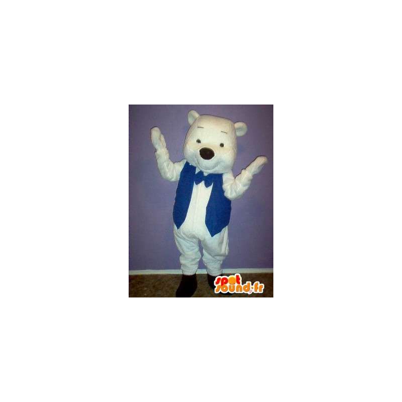 Mascotte ours blanc avec un gilet bleu - Déguisement d'ours blanc - MASFR002746 - Mascotte d'ours