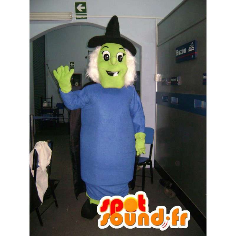 Mascotte strega verde con il suo vestito blu e cappello nero - MASFR002748 - Donna di mascotte