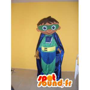 Maskotti supersankari lapsi pukeutunut vihreä, keltainen ja sininen - MASFR002751 - Mascottes Enfant