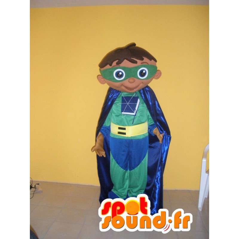 Mascot super held kind gekleed in groen, geel en blauw - MASFR002751 - mascottes Child