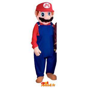 Mascot Mario com seus famosos macacões azuis - traje Mario - MASFR002772 - Mario Mascotes