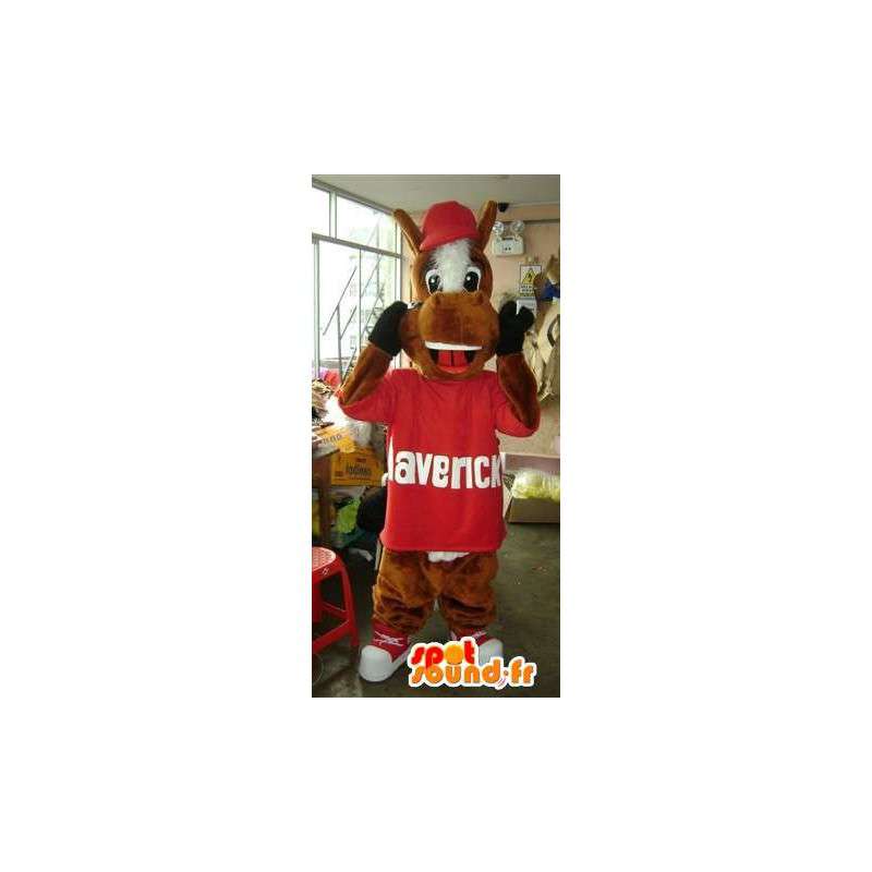 Mascotte de cheval de type cartoon habillé en sweat rouge  - MASFR002773 - Mascottes Cheval