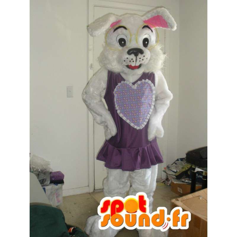 Mascote coelho vestida no vestido roxo - Fantasia de Coelho - MASFR002791 - coelhos mascote