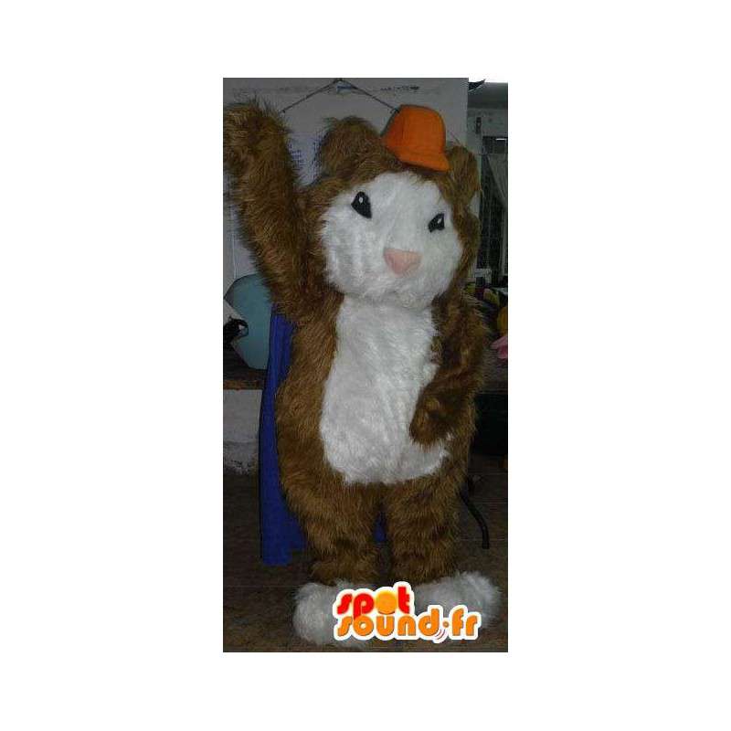 Mascote hamster marrom e branco com um chapéu laranja - MASFR002807 - Mascotes animais