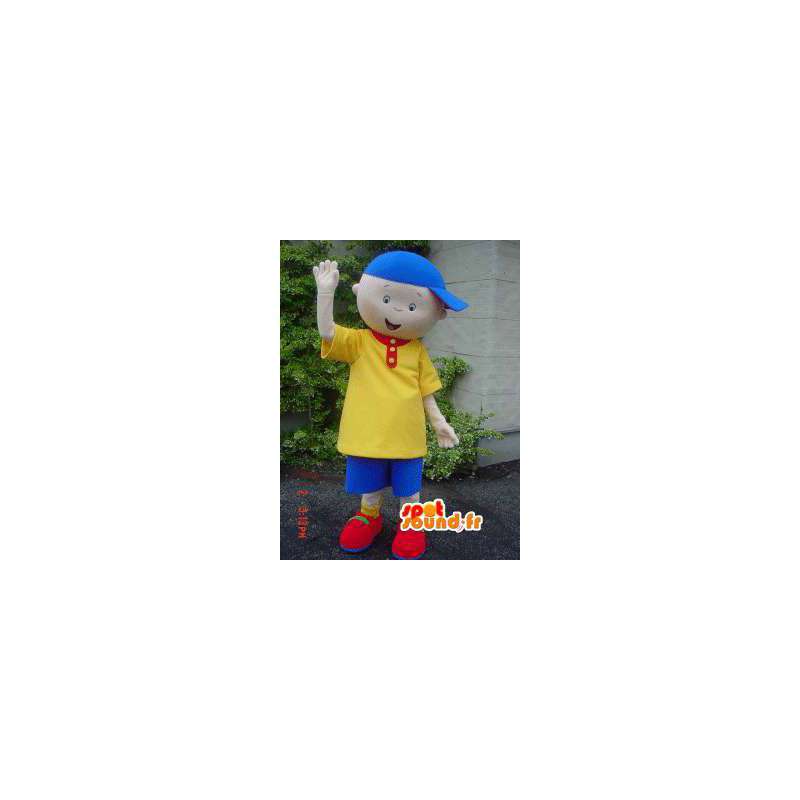 Barnmaskot med sin gula och blåa outfit och sitt lock -