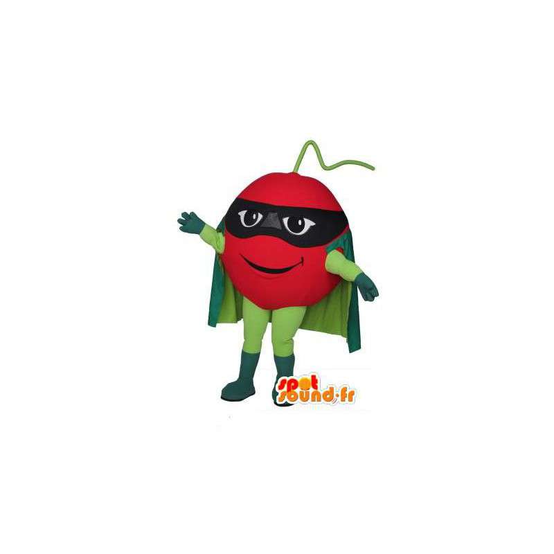 Super tomatmaskot med en grön cape - Super tomatdräkt -