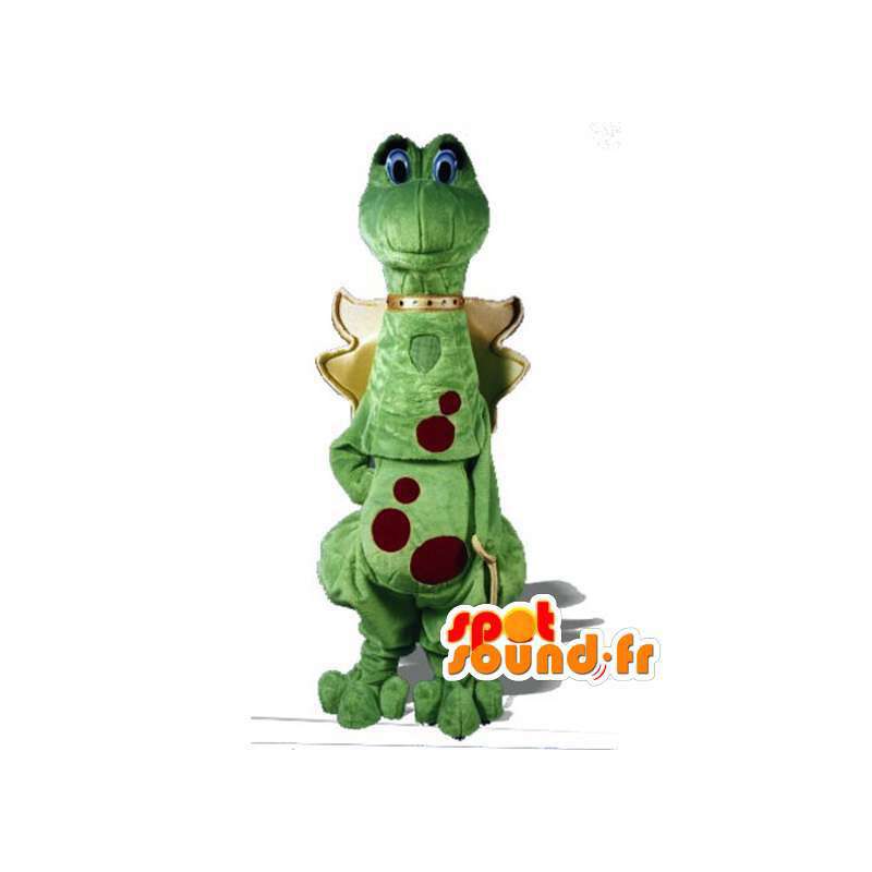 Green dragon mascot red polka dot - Dinosaur Costume - MASFR002956 - Dragon mascot