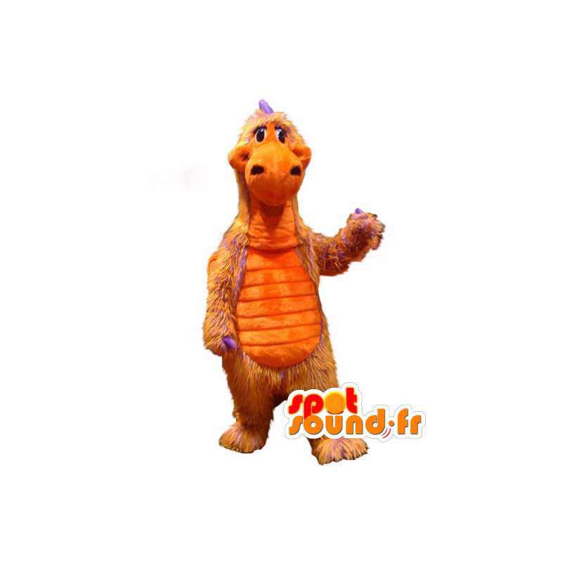 Orange och lila hårig dinosaurimaskot - dinosaurie-kostym -