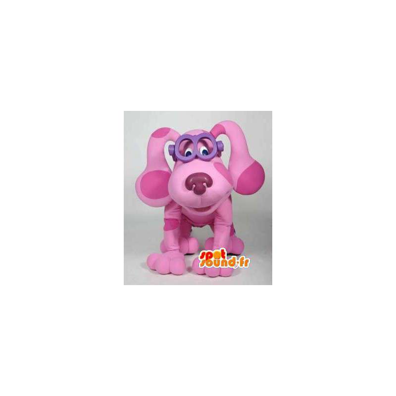 Růžový pes maskot zábava s fialovými brýlemi - MASFR003003 - psí Maskoti
