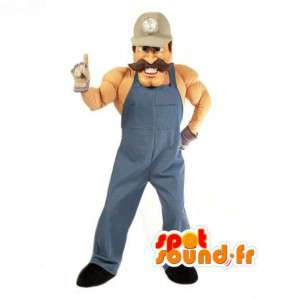 Muskulös och mustasch handyman maskot - arbetarkostym -