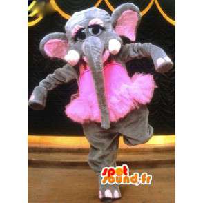 Grijze olifant mascotte gekleed in een roze tutu - Costume olifant - MASFR003112 - Elephant Mascot