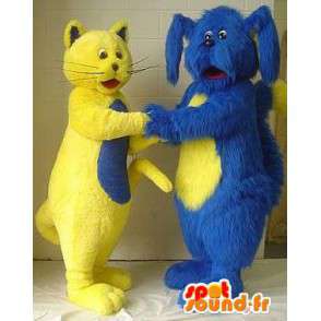 Maskottchen gelbe Katze und blaue Hund - Packung mit 2 Suiten - MASFR003136 - Hund-Maskottchen
