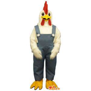 Mascot rooster white blue overalls - Costume giant cock - MASFR003151 - Mascot of hens - chickens - roaster