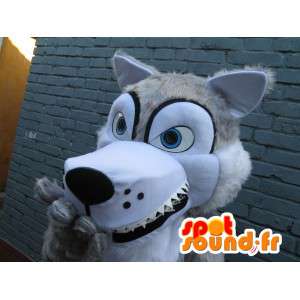 Mascote do lobo com olhos azuis e pele branca - terno Evening - MASFR00245 - lobo Mascotes