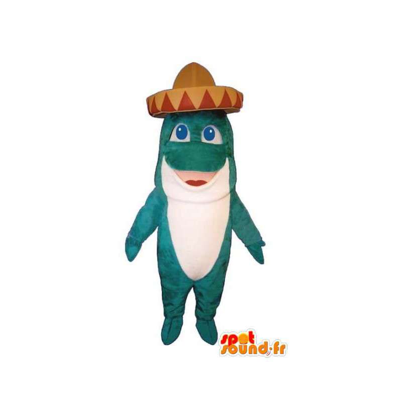 Reusachtige groene vis mascotte met een Mexicaanse hoed - MASFR003182 - Fish Mascottes