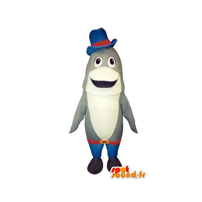 Grå og hvit delfin maskot kledd i rødt og blått - MASFR003183 - Dolphin Mascot