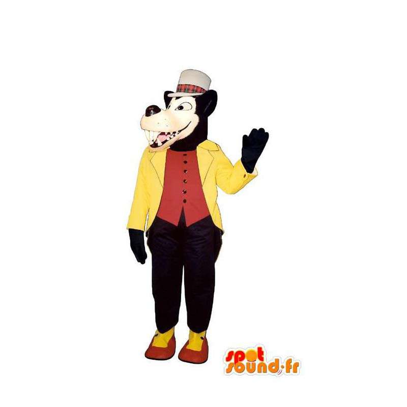Czarny wilk maskotka ubrana w żółty i czerwony - Wolf kostium - MASFR003187 - wilk Maskotki