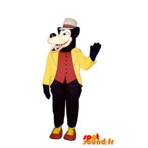 Musta susi maskotti pukeutunut keltainen ja punainen - susi puku - MASFR003187 - Wolf Maskotteja