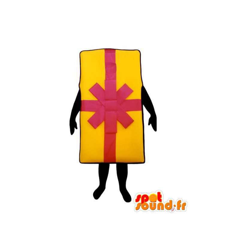 Mascotte en forme de cadeau jaune et rose - Costume de cadeau - MASFR003224 - Mascottes d'objets