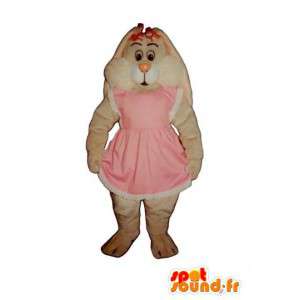 Mascotte de lapin blanc tout poilu en robe rose  - MASFR003281 - Mascotte de lapins