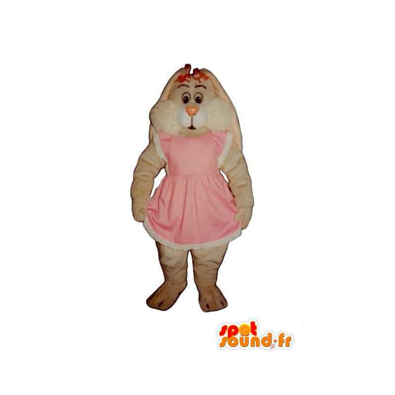 Mascotte de lapin blanc tout poilu en robe rose  - MASFR003281 - Mascotte de lapins