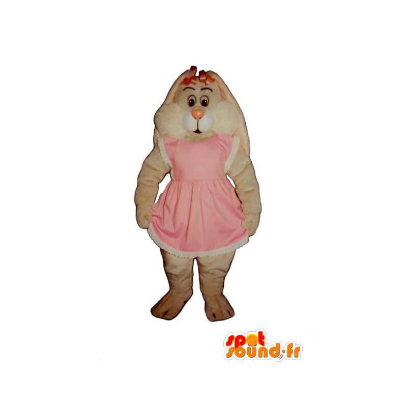 White rabbit mascot all hairy pink dress  - MASFR003281 - Rabbit mascot