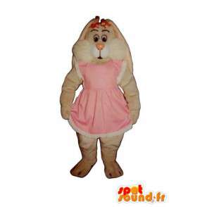 Valkoinen pupu maskotti, karvainen vaaleanpunainen mekko  - MASFR003281 - maskotti kanit
