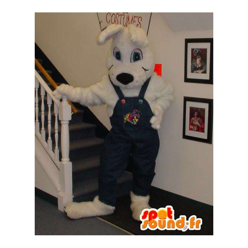 Mascotte de chien blanc en salopette - Costume de chien géant - MASFR003303 - Mascottes de chien