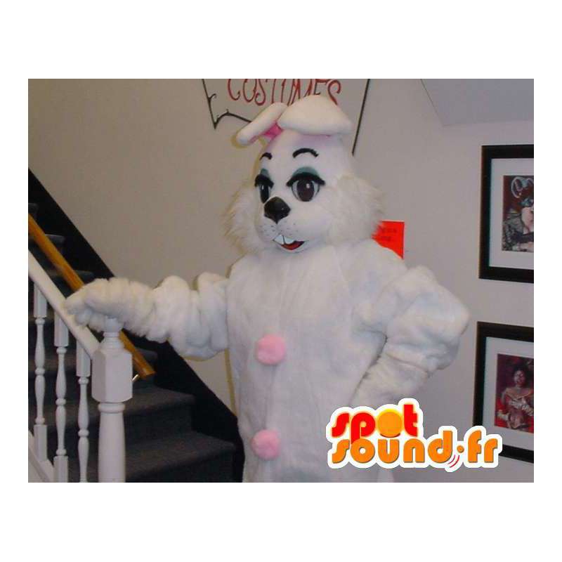 Blanco y rosa mascota de conejo gigante - Disfraz de conejo - MASFR003304 - Mascota de conejo
