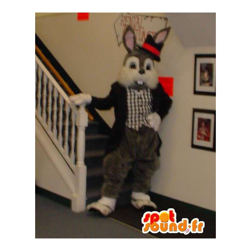 Mascot grauen und weißen Bunny in einem Smoking gekleidet - MASFR003305 - Hase Maskottchen