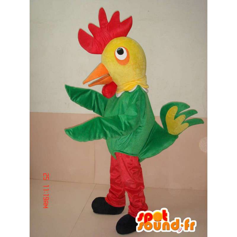 Mascot patio de gallo y amarillo granja rojo y verde, mientras que disfrazado - MASFR00254 - Mascota de gallinas pollo gallo