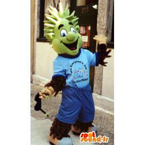 Mascot hombre peludo con una cabeza verde vestida de azul - MASFR003350 - Mascotas humanas