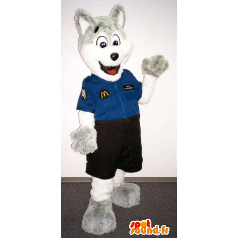 Maskottchen-grau und weiß Wolf im Kostüm gekleidet Verkäufer - MASFR003380 - Maskottchen-Wolf