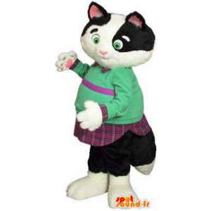 Mascotte de chat noir et blanc en tenue verte et violette - MASFR003468 - Mascottes de chat