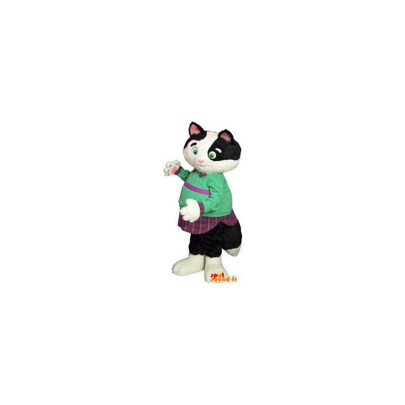 Gatto mascotte in bianco e nero vestito di verde e viola - MASFR003468 - Mascotte gatto