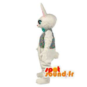 Plysch vit kaninmaskot med färgglad skjorta - Spotsound maskot