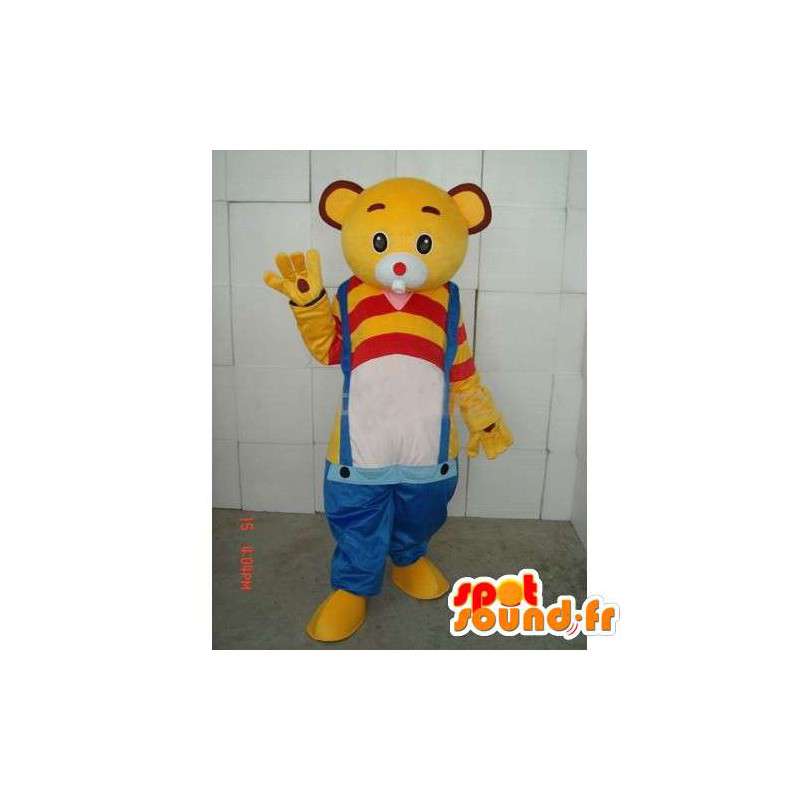 Gul björnmaskot med blå hängslen - gul och röd t-shirt -