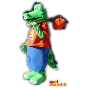 Mascote crocodilo verde vestido de vermelho e azul  - MASFR003559 - crocodilos mascote