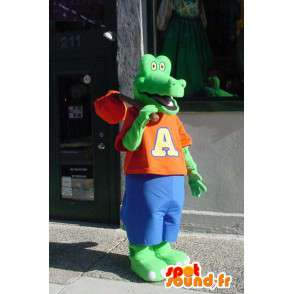 Groene krokodil mascotte gekleed in rood en blauw  - MASFR003559 - Mascot krokodillen