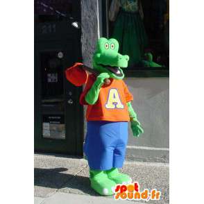 Mascote crocodilo verde vestido de vermelho e azul  - MASFR003559 - crocodilos mascote