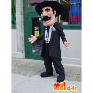 Mascot hombre bigotudo, vestido de negro con un sombrero - MASFR003563 - Mascotas humanas